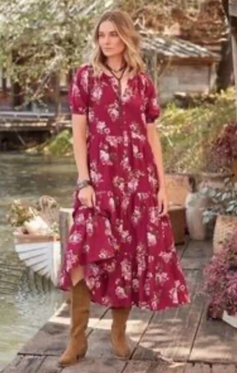 Sundance Dresses & Skirts - Sundance Marnie Tired Floral Dress Sz M Puff Sleeve Burgundy Pockets Button